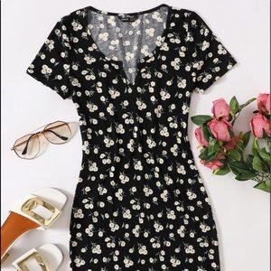 Ditsy Floral Notched Neck Bodycon Dress